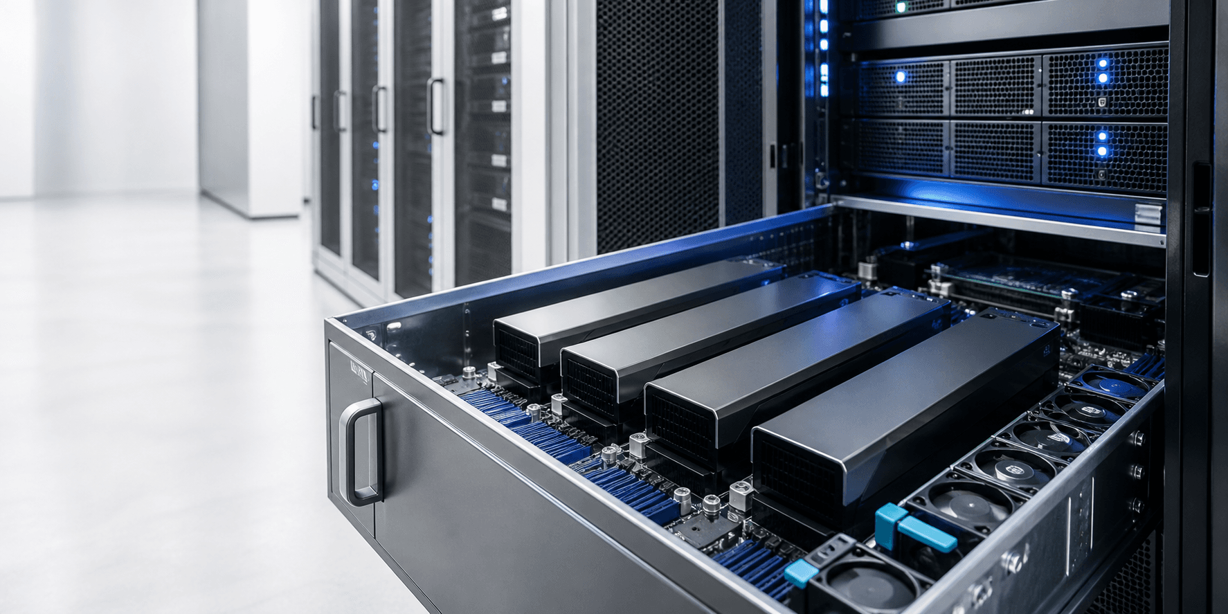 Conceptual close-up of operator-owned GPU hardware in a datacenter